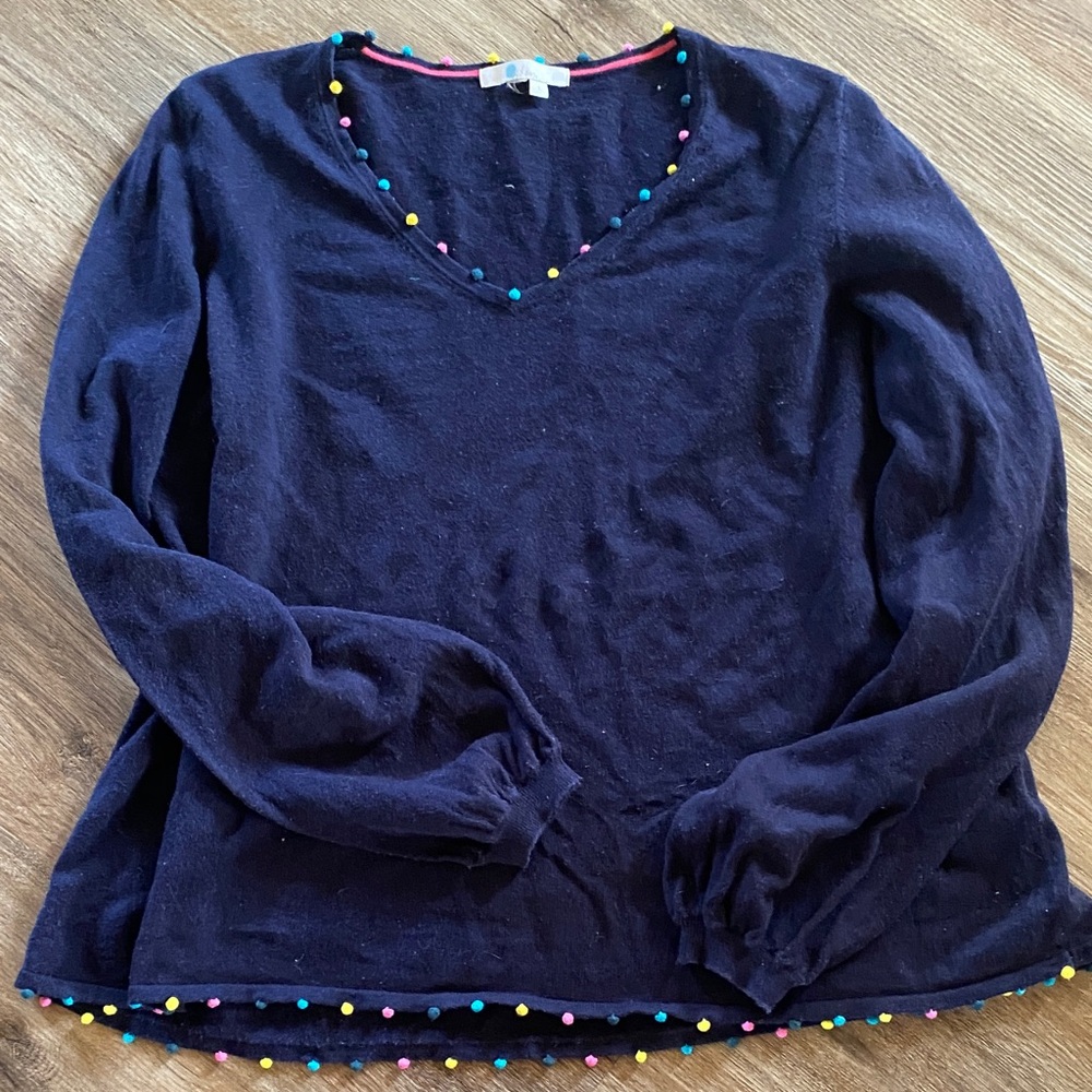 Boden L large navy blue Pom Pom v-neck sweater linen cotton rainbow 16/18
